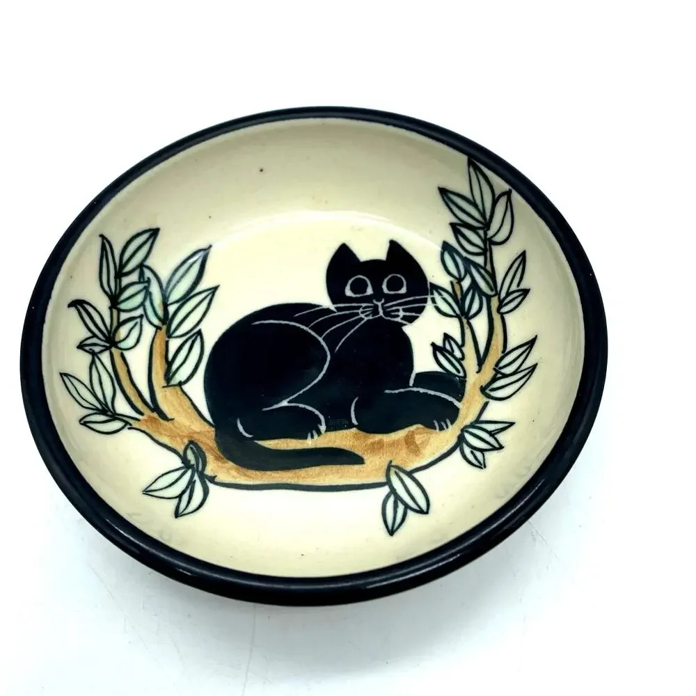 Karen Donleavy Black Cat Bowl on a Branch Studio Pottery signed KD‎